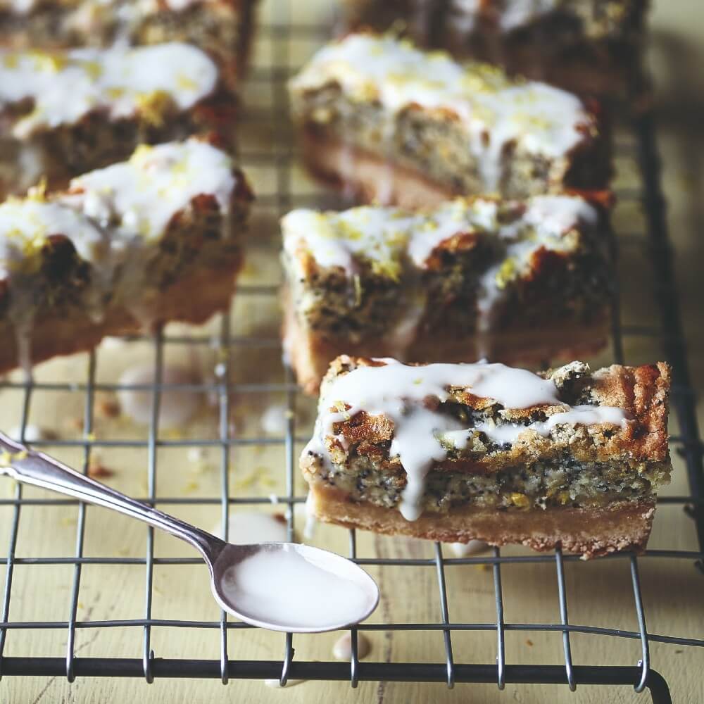 Courgette and lemon poppy seed bars featured