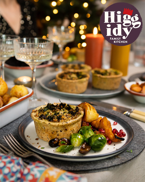 Very Merry Veggie Pie with Higgidy Logo and Christmas hat